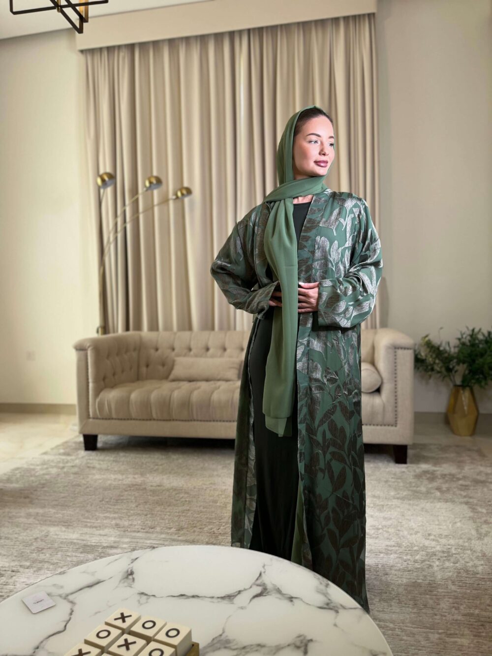 Green Chiffon Jacquard Abaya