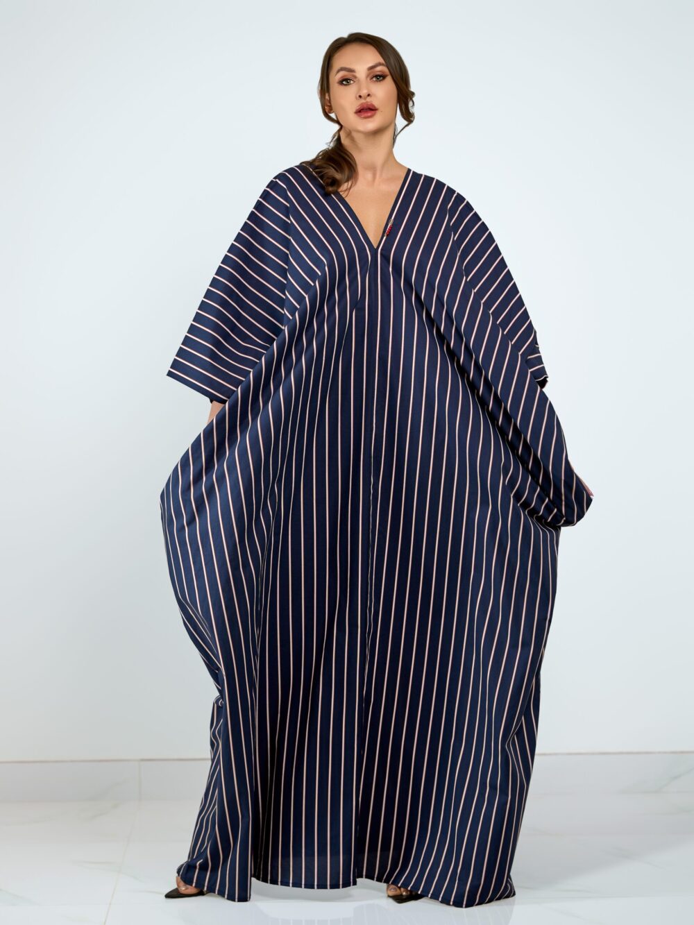 Cotton Crepe pearl Kaftan Navy-Red Stripe