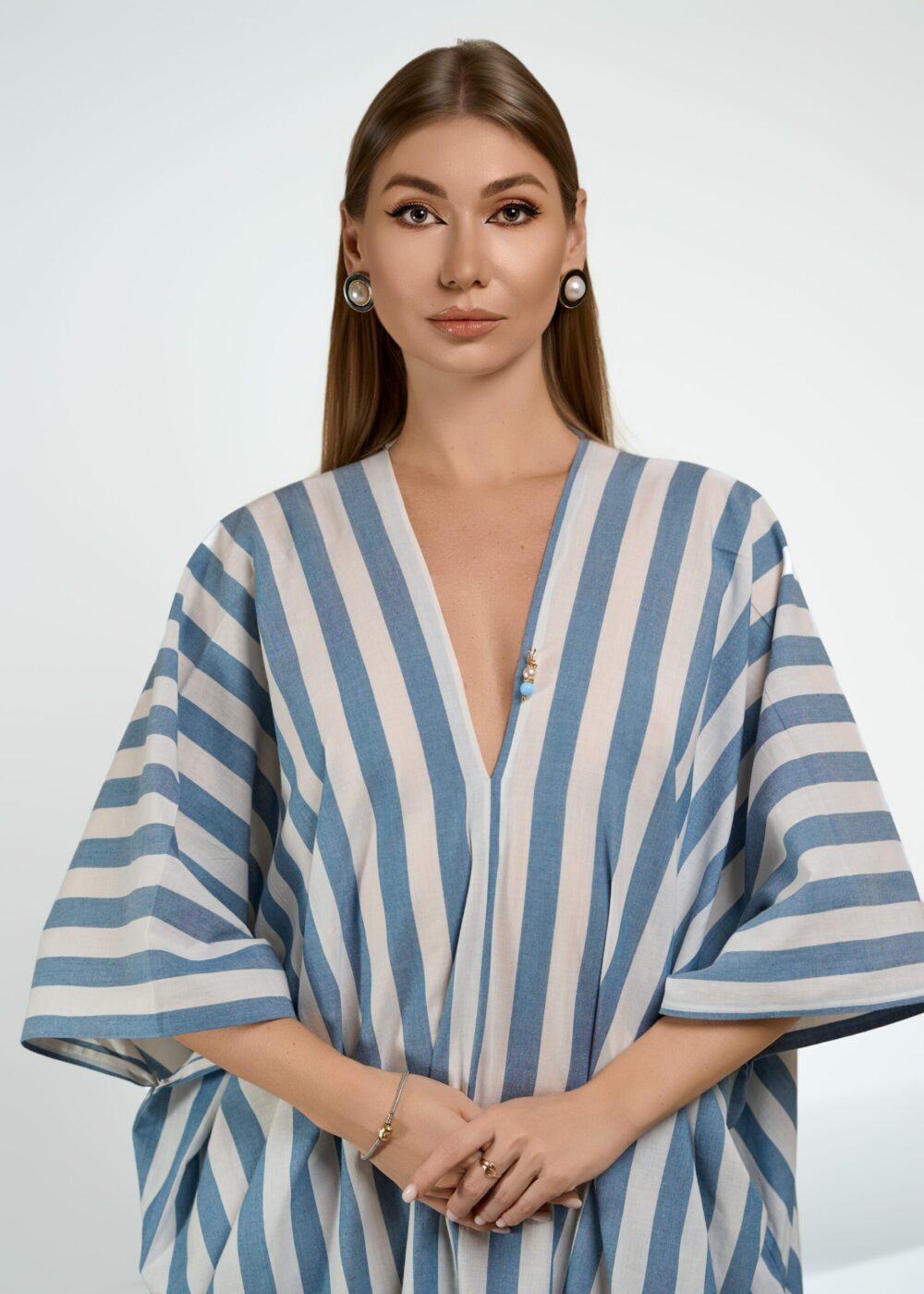 Cotton Crepe pearl Kaftan Blue stripe