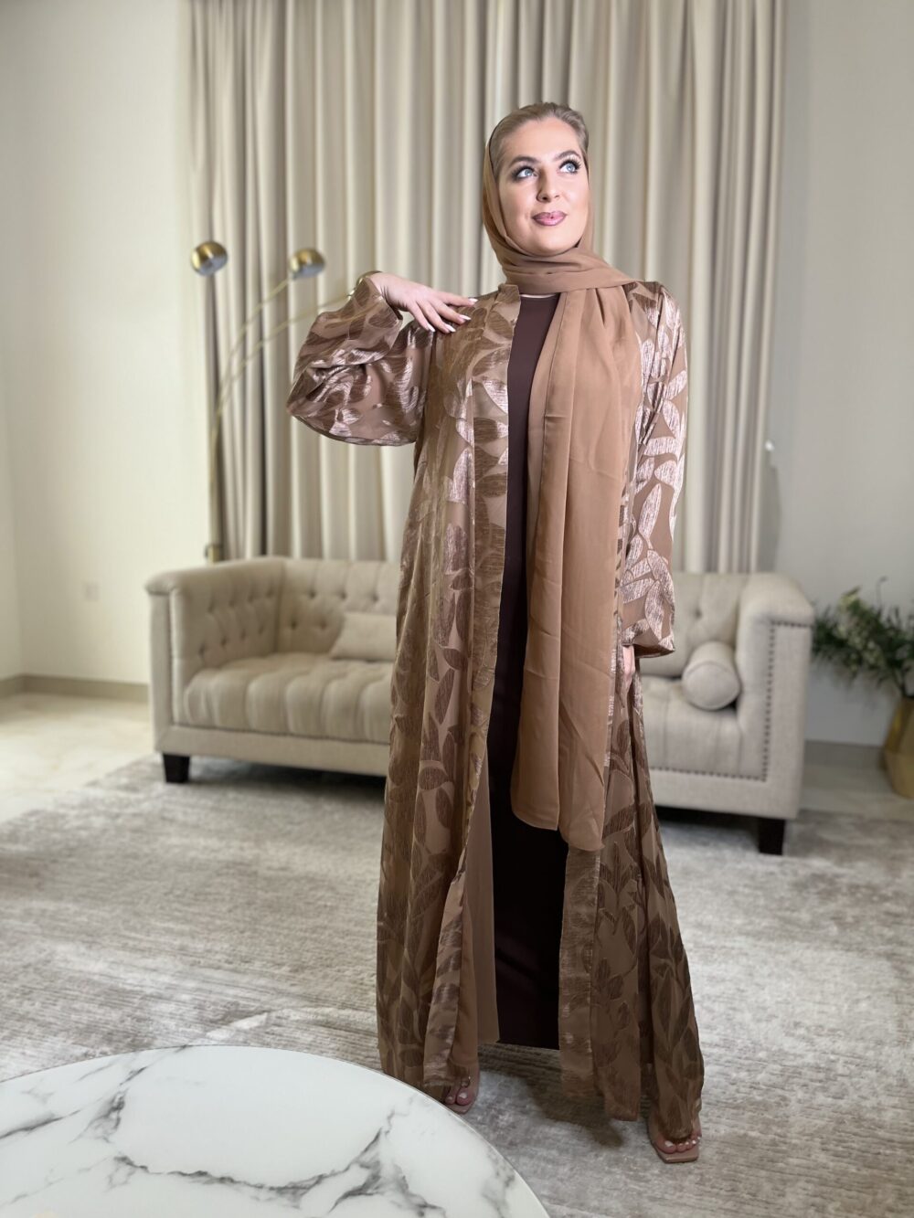 Brown Chiffon Jacquard Abaya